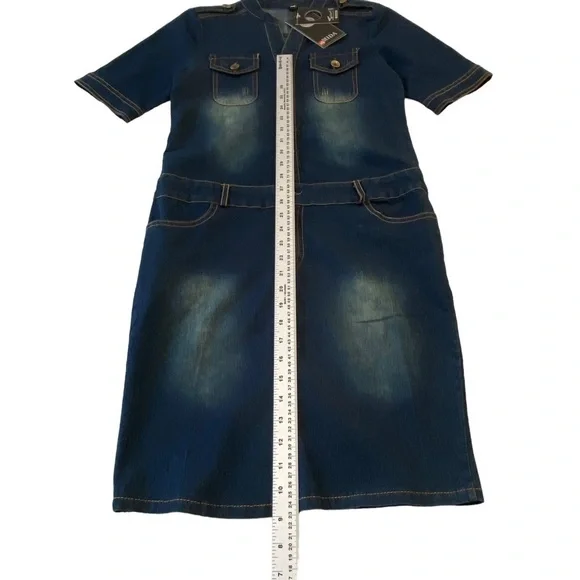 Mida denim mini dress lightweight distressed blue jeans button up closure small - Picture 10 of 16